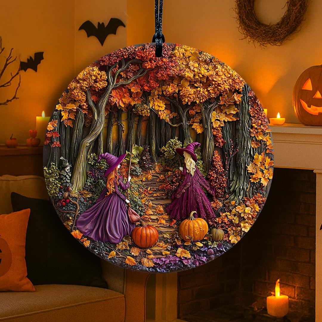 Halloween Stained Glass Window Ornament, Witch Scene with Pumpkins, Acrylic Hanging Suncatcher, Round Wall Art Decor, Witchy Ornament for Home Friends and Family (Two Girls)